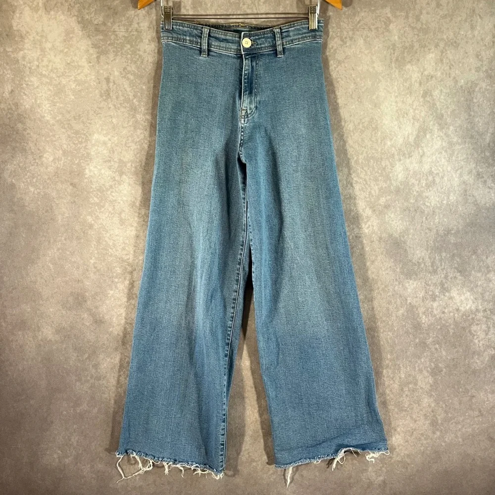 Zara Wide Leg Jeans Women 13-14 Blue High Rise Raw Hem Adjustable 26 in Waist - Picture 1 of 11